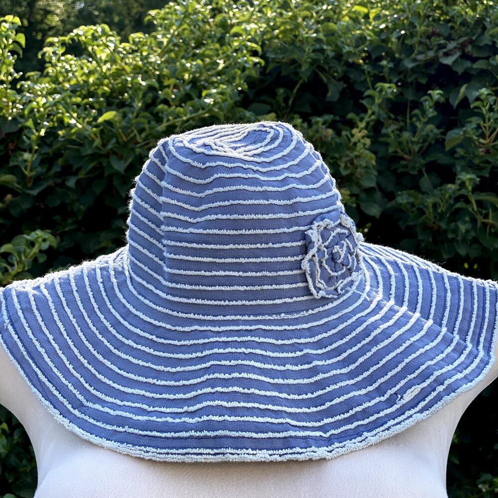 Timeless Vintage Style Blue & White Striped Textural Wide Brim Cotton Summer Hat